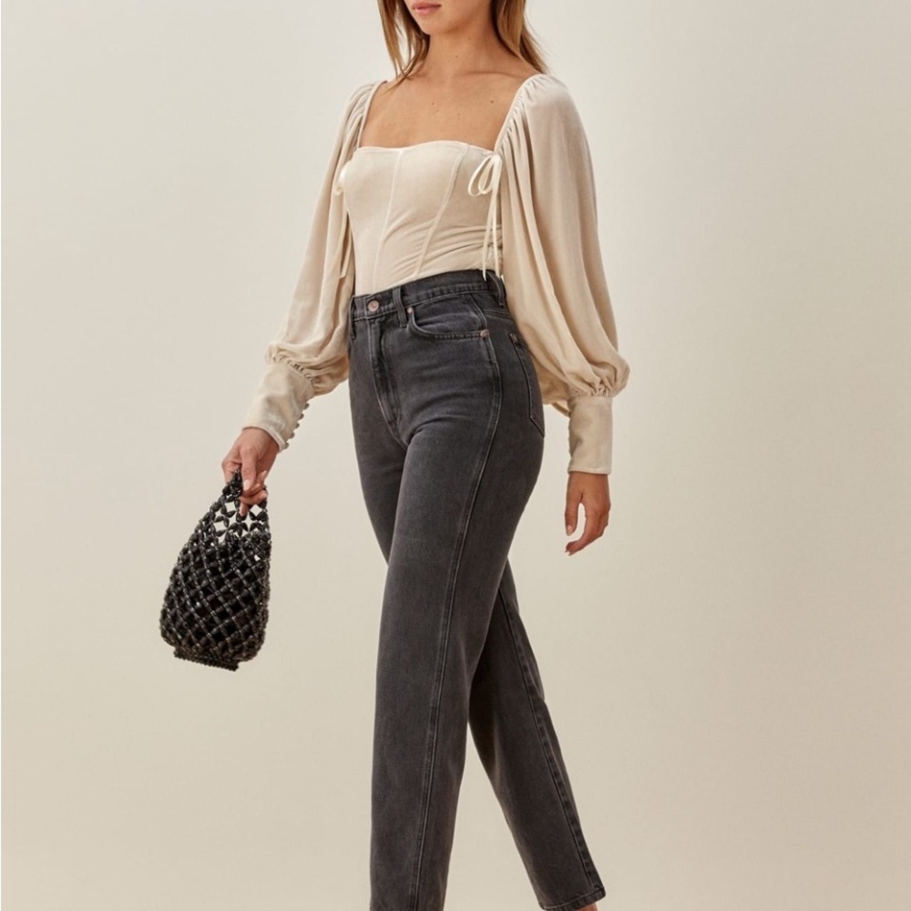 Reformation Julietta Cream Square-Neck Puff-Sleeve Velvet Corset Top - Picture 3 of 12